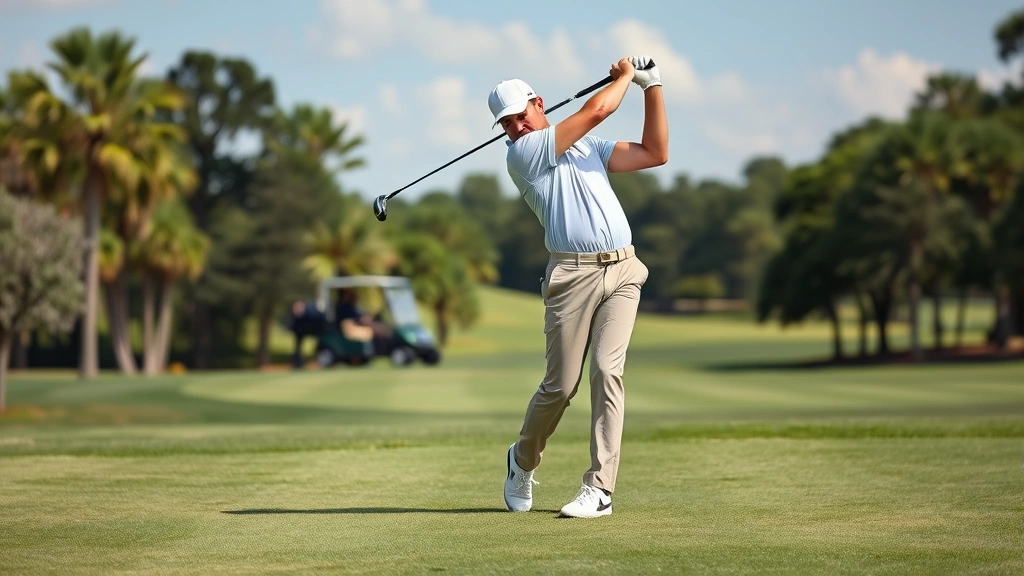 Professional golfer mid-swing on manicured fairway with perfect form, demonstrating proper grip and posture technique during full swing motion in natural daylight