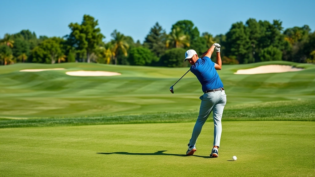 Professional golfer mid-swing on manicured fairway with well-maintained bunkers visible in background, lush green grass and blue sky