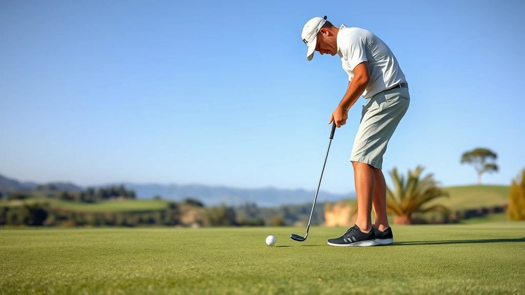 Golfer putting on pristine green with excellent posture and alignment, showing mental focus and concentration during crucial putt with scenic course background