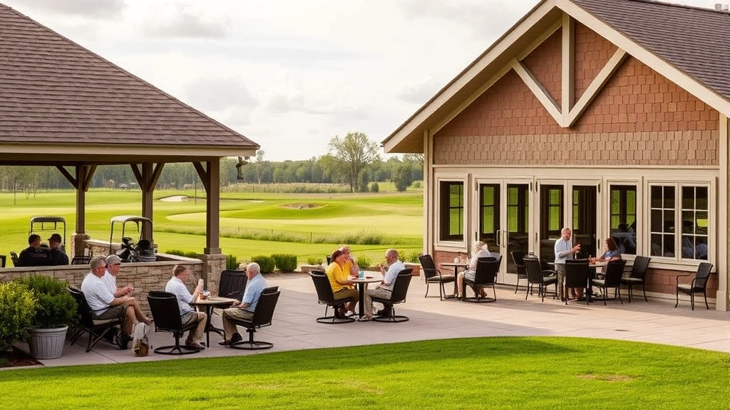Golf course clubhouse exterior with outdoor seating area, players relaxing with drinks, manicured lawn and golf course landscape in background