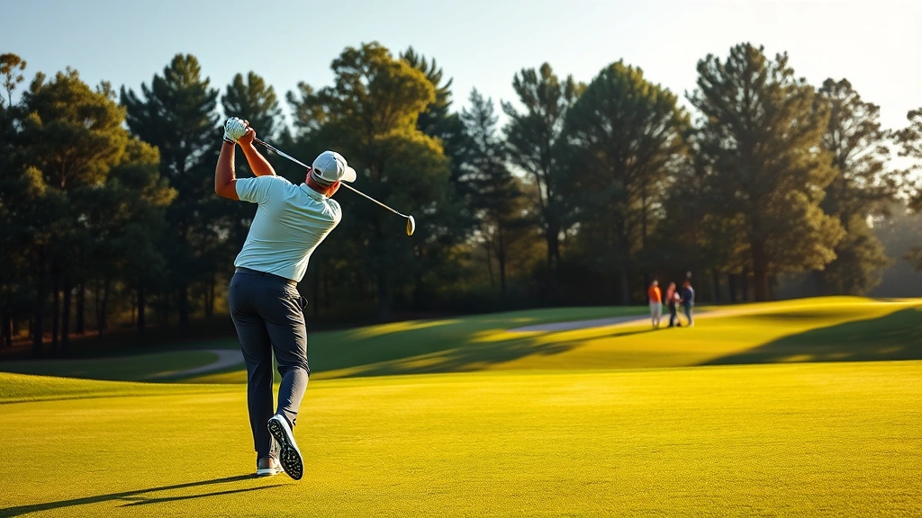 Professional golfer executing perfect tee shot on championship golf course with manicured fairway and tree-lined background, morning sunlight