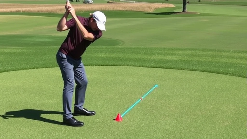 Golfer practicing pitch shot on well-maintained practice area with cones and markers, demonstrating short game technique and distance control