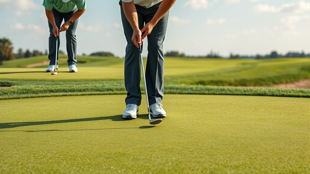 Golfer reading green carefully from multiple angles with putter in hand, analyzing slope and grain patterns on pristine putting surface
