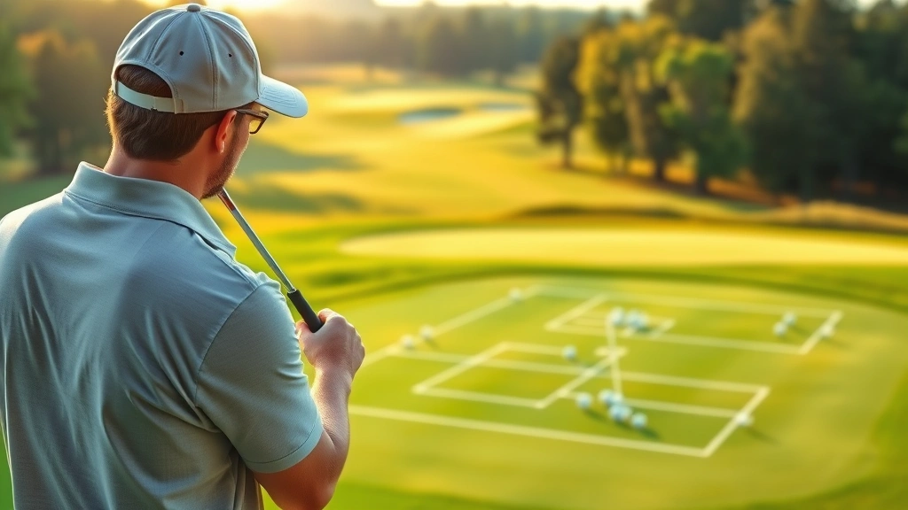 Professional golfer analyzing fairway layout from tee box, studying course strategy and shot positioning, morning sunlight on golf course landscape with trees and fairway in background