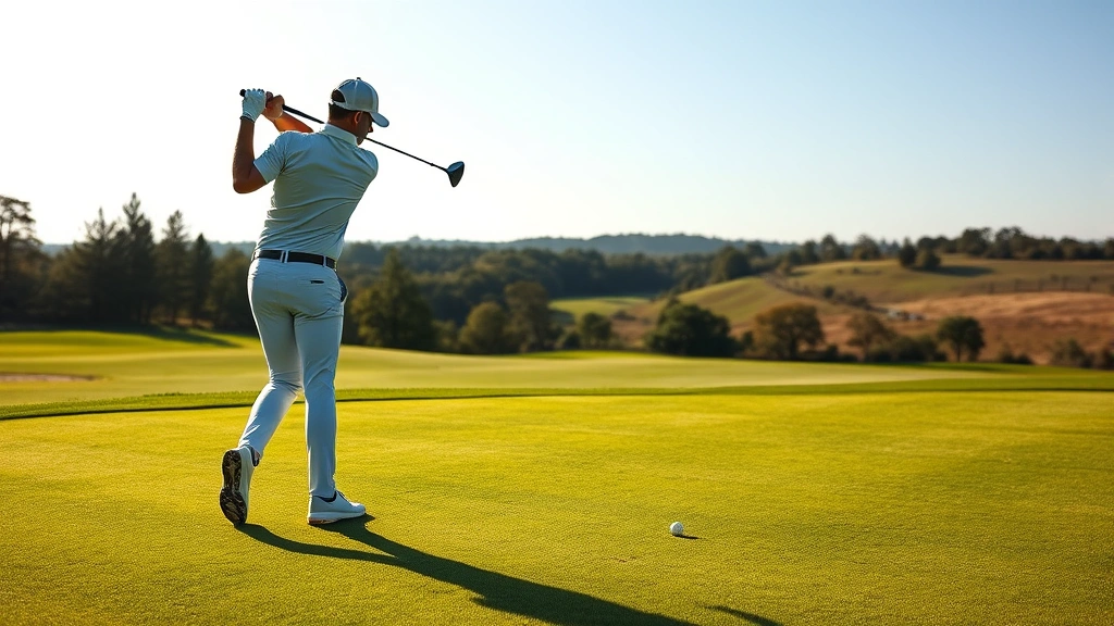 Professional golfer mid-swing on well-maintained fairway with manicured grass, natural landscape background, sunny conditions, photorealistic