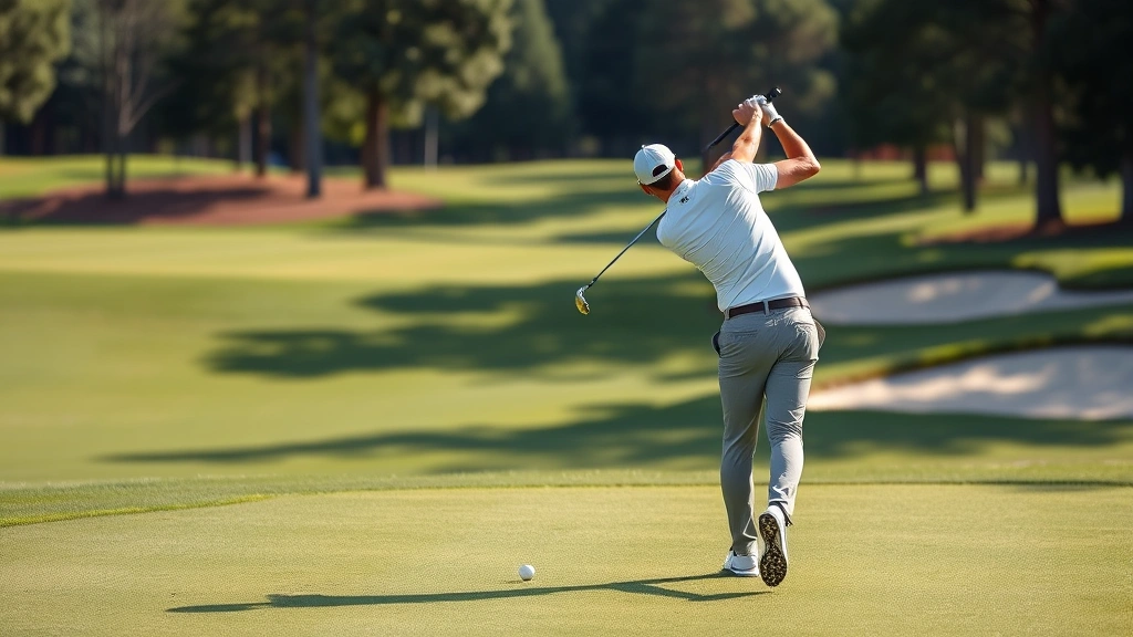 Golfer executing approach shot to elevated green, mid-swing moment showing precision technique, manicured fairway and sand bunkers visible, natural lighting during competitive round