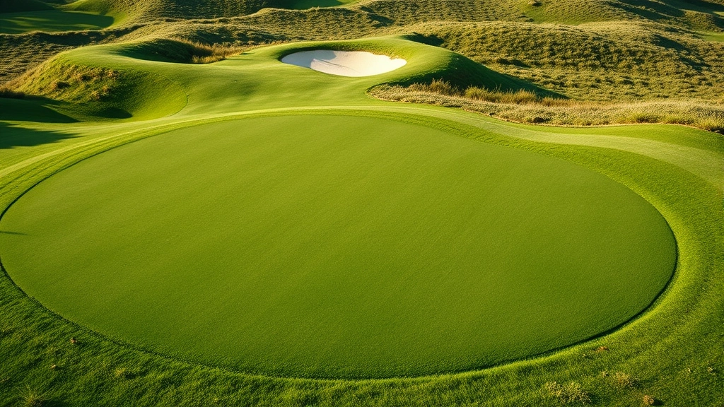 Elevated view of putting green with subtle contours, bunkers visible in background, manicured rough areas, natural lighting, pristine condition