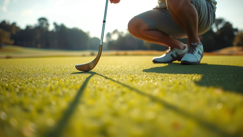 Close-up of golfer reading green contours and slopes before putting, crouching to study putt line, lush putting surface with subtle elevation changes visible in natural daylight