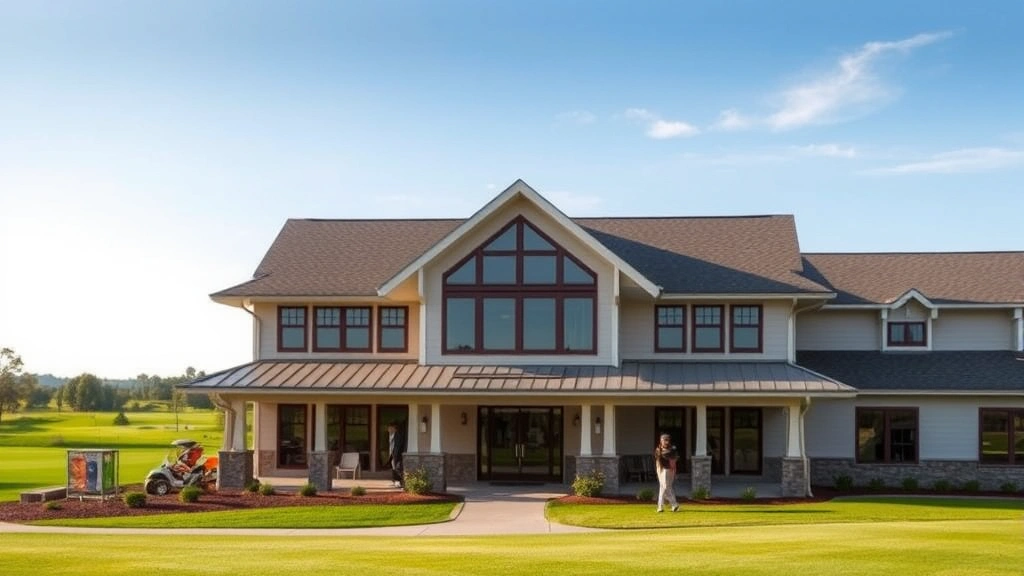 Golf course clubhouse exterior with modern architecture, practice range visible in distance, golfers on facility grounds, welcoming professional atmosphere