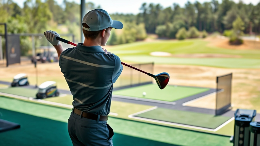 A young golfer in professional stance at the driving range, focused on their swing technique, with golf balls and practice bay visible in background, natural daylight, Georgia landscape