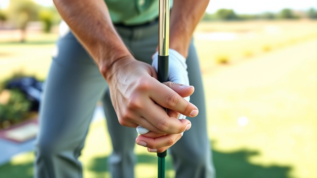 Professional golfer demonstrating proper grip and stance on practice range, hands close-up showing finger positioning and club hold, outdoor natural lighting, focus on hand placement and posture alignment