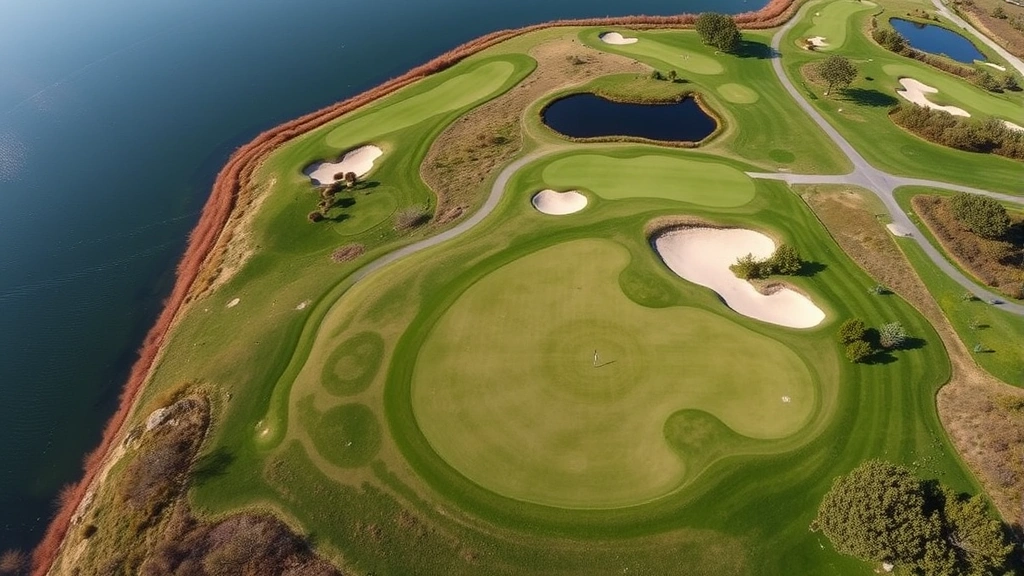 Aerial view of a scenic golf course hole with manicured fairway, sand bunkers, and water hazard, showing strategic layout and course design elements, clear day