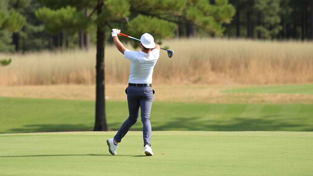 Golfer mid-swing on fairway with trees in background, showing complete follow-through position with balanced finish, body rotation visible, professional form captured in athletic motion