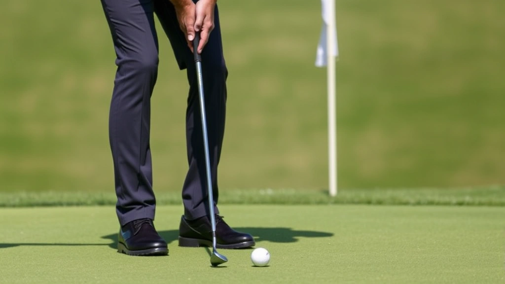 Golfer on practice green with cup visible, demonstrating putting stroke with proper posture and alignment, concentration on face, manicured grass and pin in background, daylight conditions