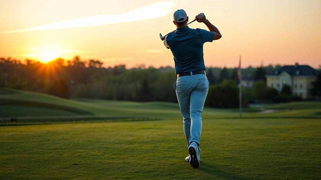 Professional golfer mid-backswing at sunrise on a well-manicured golf course, showing proper posture and body rotation, natural lighting highlighting the golfer's athletic position and focus
