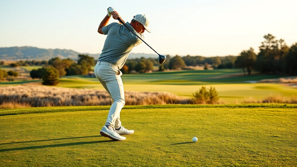 Golfer at finish position after follow-through, balanced on front leg with back foot elevated, facing target with complete body rotation, scenic golf course landscape in soft afternoon light
