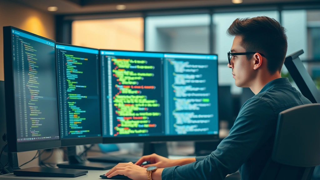 A young developer working at a computer desk with dual monitors, writing Java code in an IDE with Spring Boot project open, focused and concentrated expression, modern office environment with warm lighting