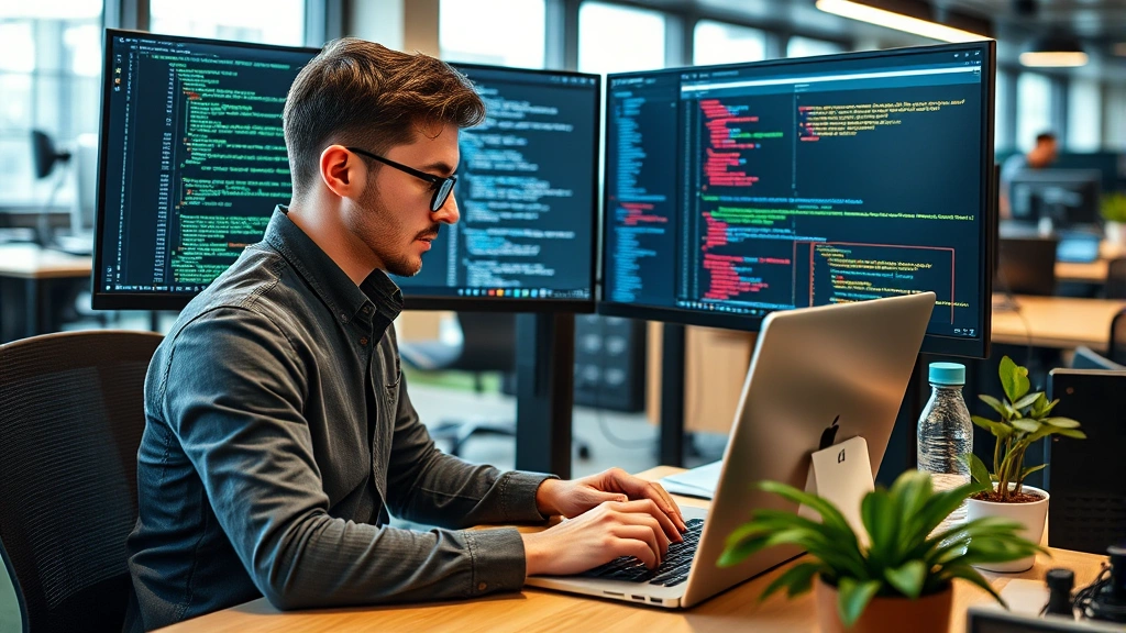 Professional developer working on laptop with multiple monitors displaying code and application interfaces in modern office environment