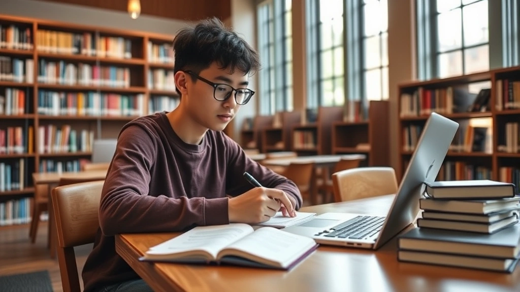 A student sitting at a wooden library desk studying with an open laptop and notebook, surrounded by academic resources and natural light from large windows, focused and engaged in learning
