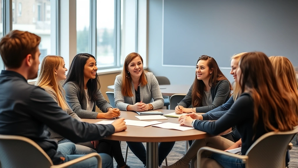 A diverse group of college students engaged in active classroom discussion with a professor, sitting in a circle or around a table, showing collaborative learning and engagement