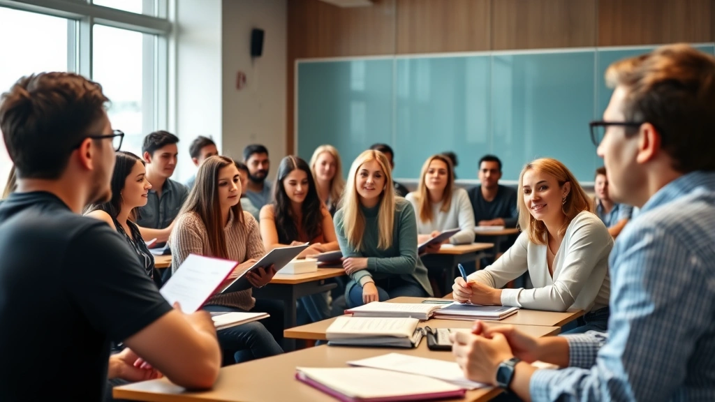 Diverse group of students in a bright classroom during an interactive lecture, taking notes and participating in discussion with an instructor at the front
