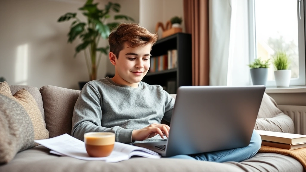 A young student studying at home on a laptop in a comfortable, well-lit environment with coffee and study materials, representing flexible online learning and distance education