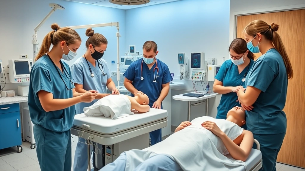 Healthcare students practicing clinical skills on medical mannequins in a realistic hospital simulation lab, wearing scrubs and using professional medical equipment