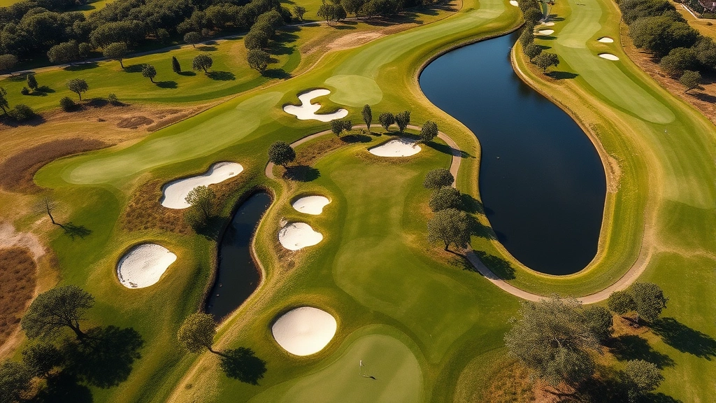 Aerial photograph of a championship golf course with manicured fairways, white sand bunkers, natural water features, and tree-lined holes under bright daylight