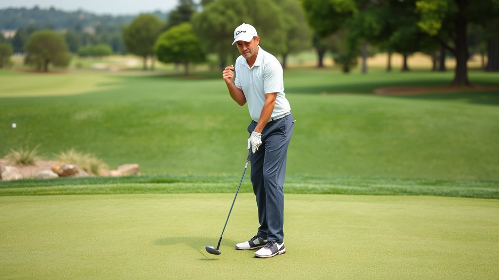 Golfer in professional stance on putting green, focused expression, well-maintained grass surface with natural landscape backdrop and trees