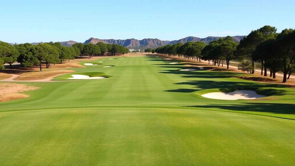 Wide view of golf course fairway with strategic bunkers, natural terrain elevation changes, trees framing the hole, and clear blue sky