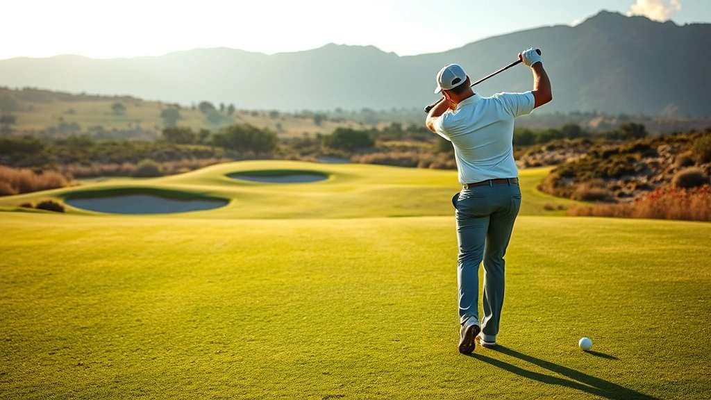 Professional golfer mid-swing on a lush fairway with bunkers visible in background, dramatic natural landscape, bright sunlight, realistic photograph