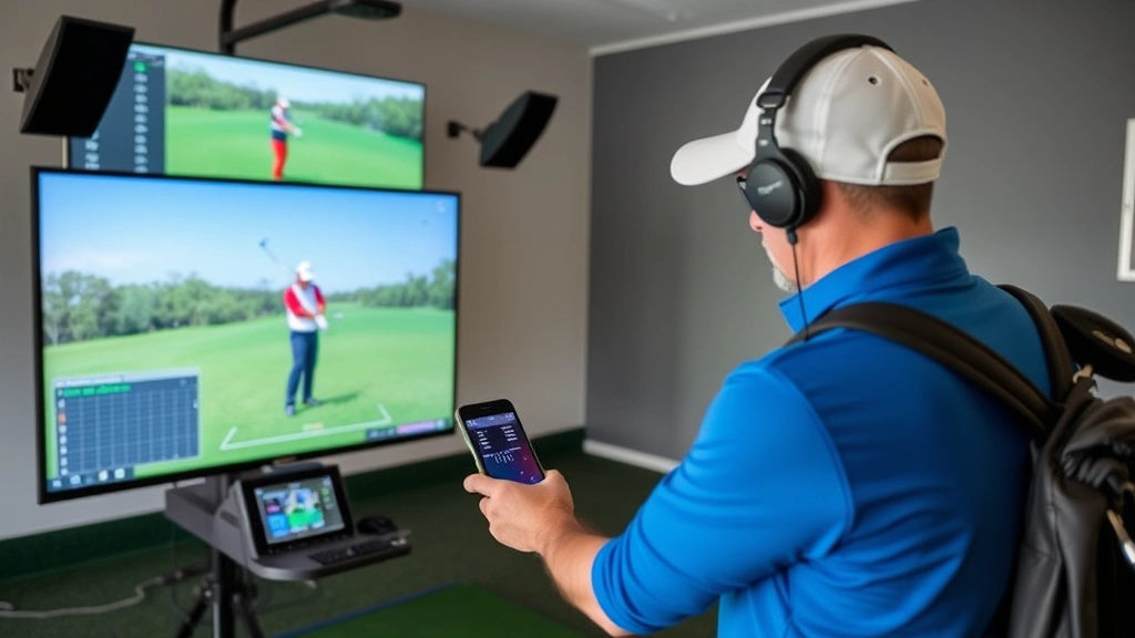Golf instructor analyzing student's swing mechanics using video technology, both looking at screen with launch monitor data visible in modern instruction setting