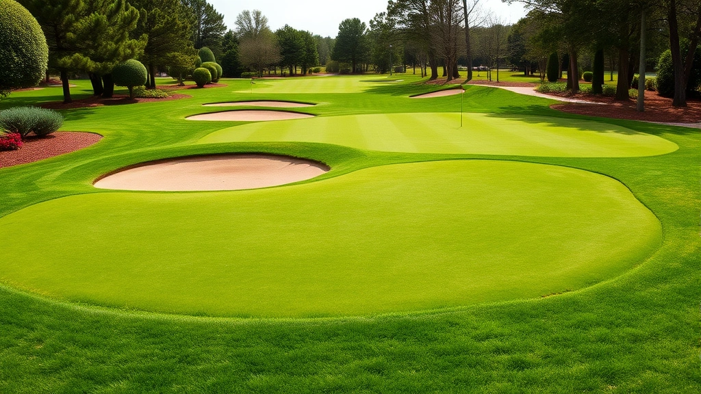 Manicured golf green with undulating terrain, multiple slope variations, pristine condition, surrounded by native trees and landscaping, natural lighting