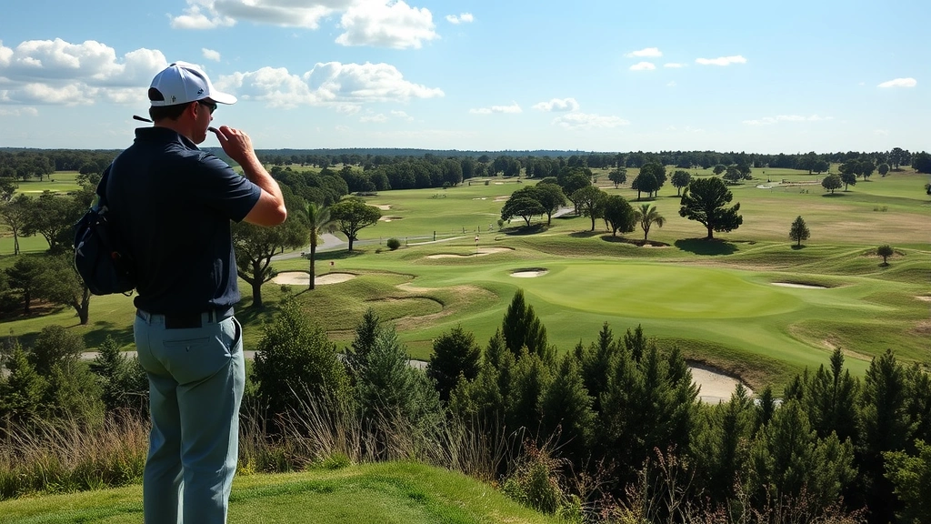 Golfer standing on elevated tee box examining green and fairway layout, studying course conditions and planning shot strategy with focused concentration
