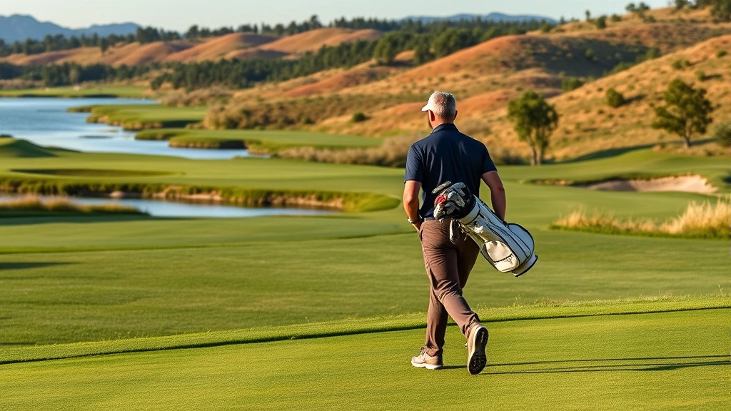 Golfer walking fairway carrying golf bag, beautiful course scenery with water hazards and elevation changes, peaceful natural environment, professional photography