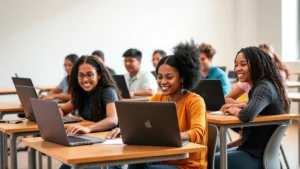 A diverse group of students sitting at individual desks with laptops, engaged and smiling while participating in an online class session, natural classroom lighting, focused concentration