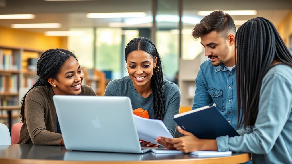 A diverse group of college students collaborating around a laptop in a modern library setting, engaged in discussing course materials and taking notes together, warm natural lighting
