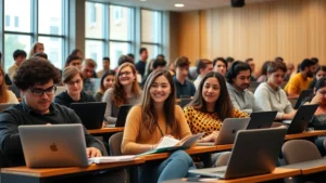 Diverse group of college students sitting in a modern lecture hall, actively engaged with laptops and notebooks, instructor visible at front of room, warm natural lighting through large windows, focused expressions showing concentration and interest