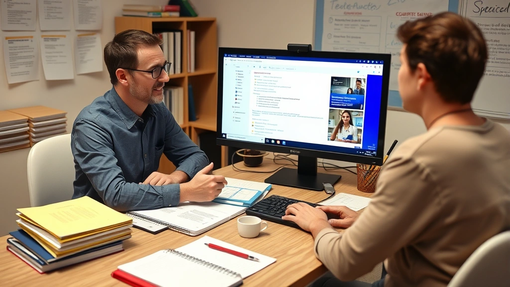 An instructor reviewing course content on a computer monitor at their desk surrounded by educational materials, notebooks, and a cup of coffee, focused and professional atmosphere