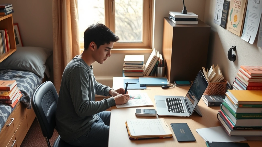 Student working at desk in dorm room with textbooks, laptop, and study materials organized around them, natural window light, comfortable focused workspace, representing independent learning and course preparation