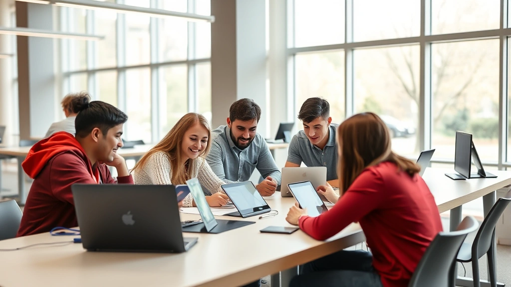 Students of various backgrounds studying together at a table with multiple devices, tablets and computers, showing collaborative learning in a bright campus study space with large windows