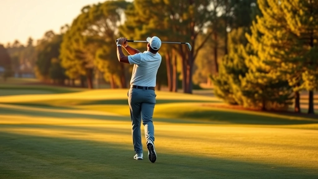 Professional golfer executing perfect golf swing at premium golf course with manicured fairway and trees in background during golden hour lighting