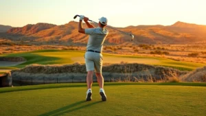 Professional golfer mid-swing on scenic golf course with natural terrain, perfect form demonstrating proper technique, golden hour lighting, well-maintained fairway visible