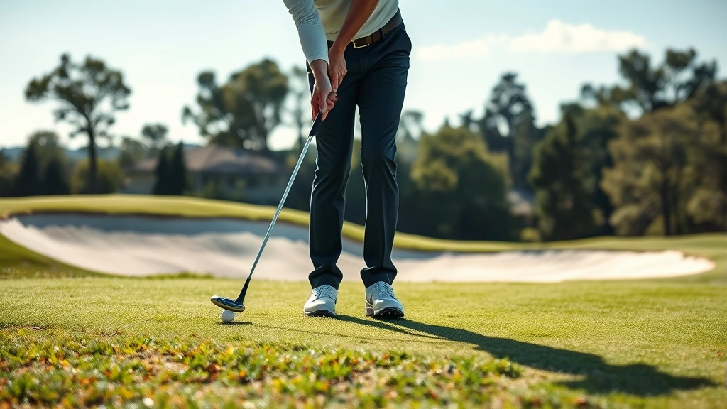 Golfer chipping from rough grass near green with sand bunker visible, focused concentration on short game technique at upscale course