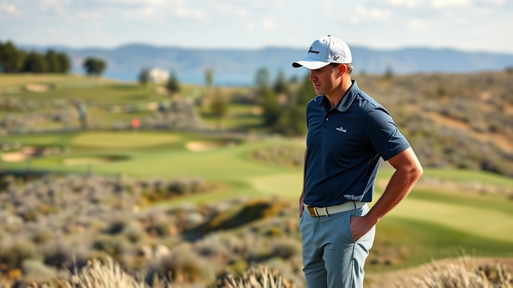 Golfer analyzing terrain and elevation changes on hilly golf course, studying course layout with focus expression, natural landscape features in background, daylight conditions