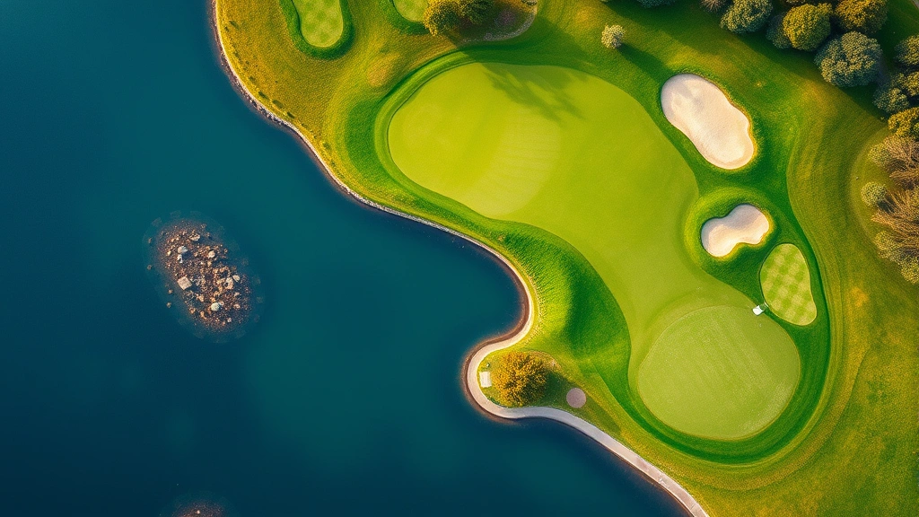 Overhead view of golf course landscape showing fairway design, water hazard, and bunker placement with vibrant green turf and natural terrain