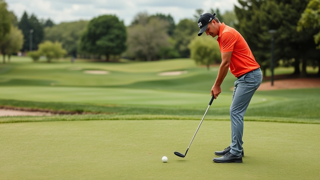 Golfer practicing short game near putting green with concentration, chipping technique demonstration, manicured green and natural surroundings, instructional moment captured