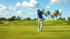 Professional golfer mid-swing on lush fairway with palm trees and blue sky in background, championship golf course setting
