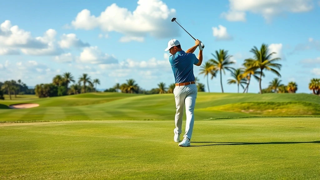 Professional golfer mid-swing on lush fairway with palm trees and blue sky in background, championship golf course setting