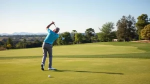 Professional golfer mid-swing on manicured fairway with clear blue sky, lush green grass, and natural landscape background